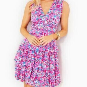 Lilly Pulitzer Faye V-Neck Ruffle Dress in Aura Pink Baby Boomer